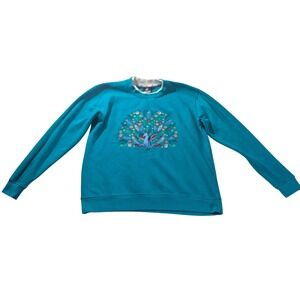 King Universal Peacock Embroidered Sweatshirt Teal Womens Size Large Crewneck